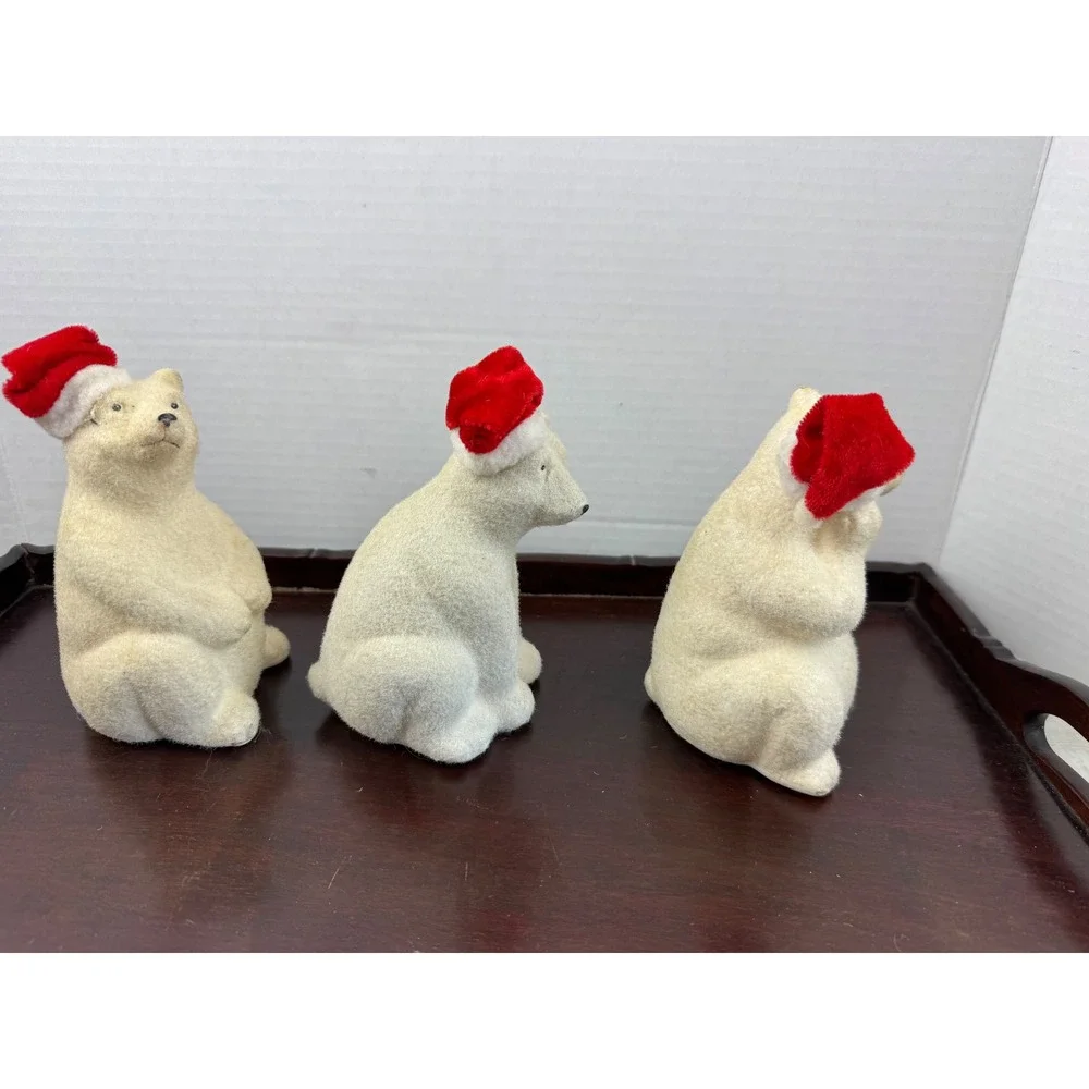 Vintage Flocked Polar Bear Christmas Figurines Set of 3 Santa Hat Winter Decor